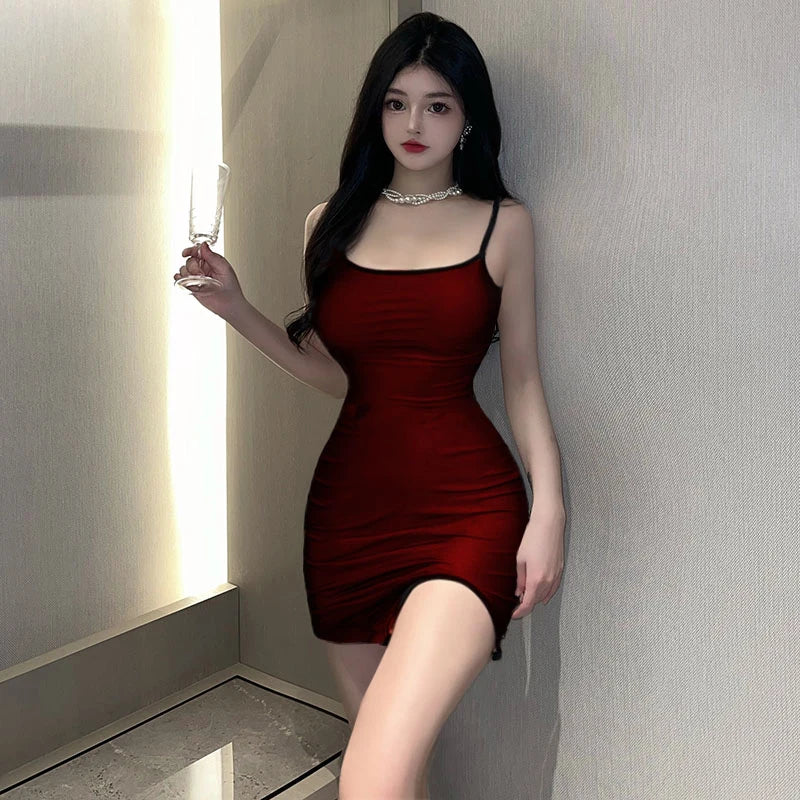 Sexy Mesh Spaghetti Strap Square Collar Women Summer Split Wrapped Mini Dress