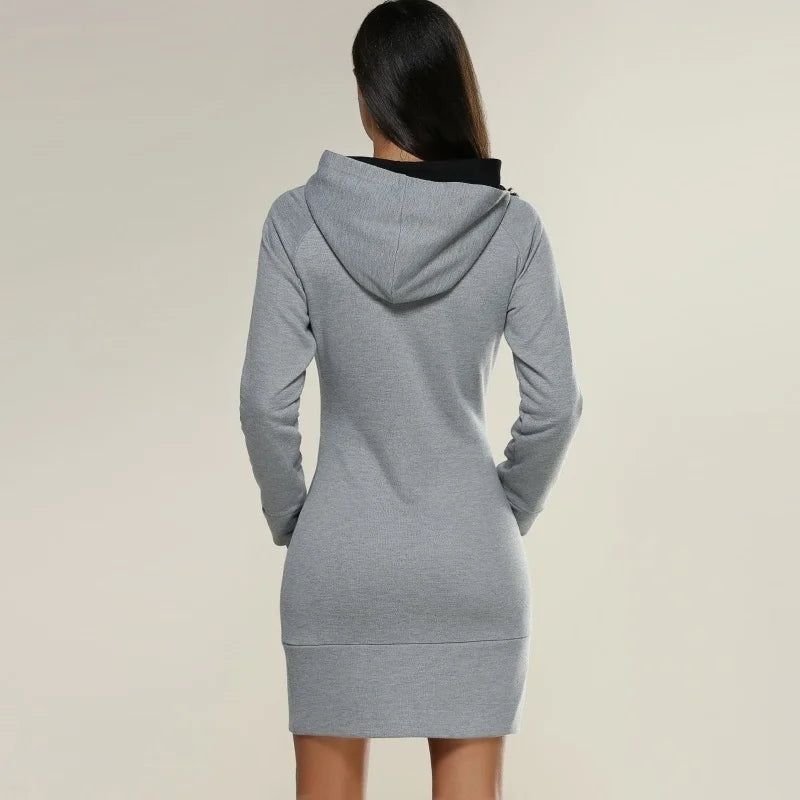 Women Autumn Winter Fashion Sweatshirt Dresses for Women Pocket Hooded Casual Dress Solid Color Long Sleeve Mini Dress
